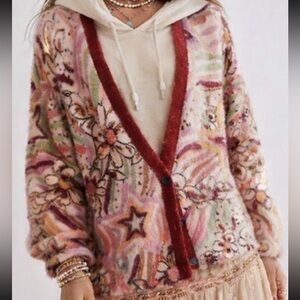 New Free People Carson Cozy Cardi XS Flowers Stars Pink Oversized Cardigan Coat